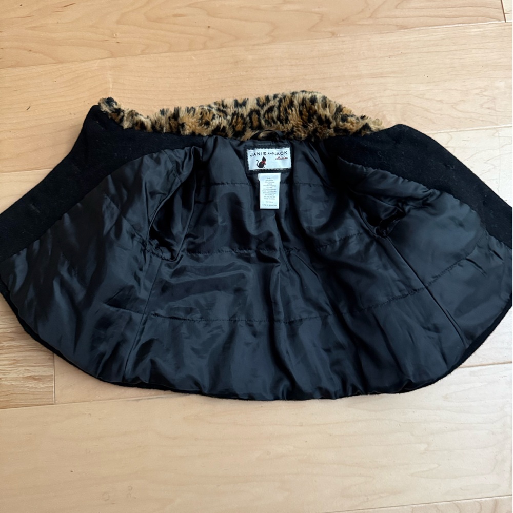 Janie and Jack Black Wool Blend Coat Leopard Faux Fur Collar 6-12 Months Kids - Picture 7 of 8